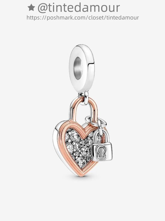Pandora Heart Padlock Double Dangle Charm|Pendant|Two-tone - Picture 1 of 2
